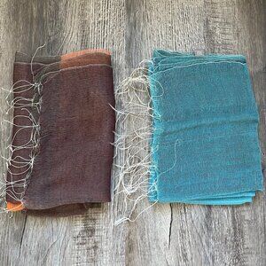 Lot of 2 J. Jill Rectangular Lightweight Scarf Scarves w/ Fringes Blue & Orange